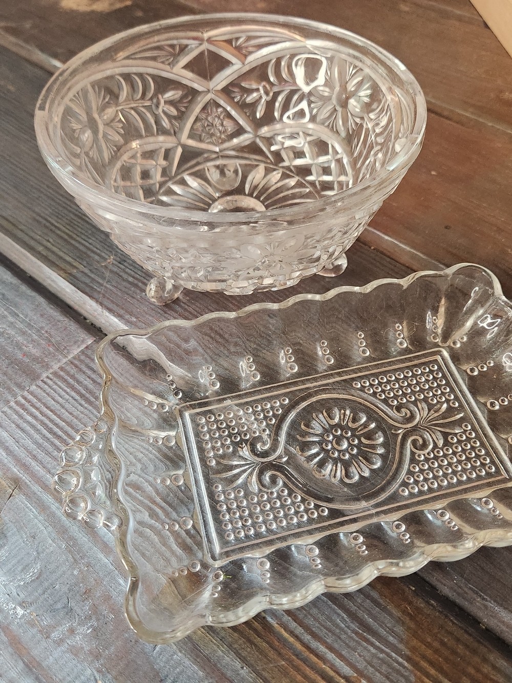 Cyrstal Bowl W/ Little Legs & Rectangular Pressed Glass Tray